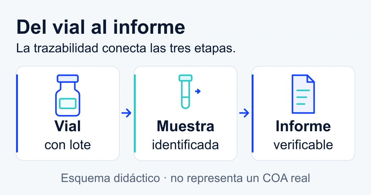 Esquema: vial con lote, muestra identificada e informe verificable