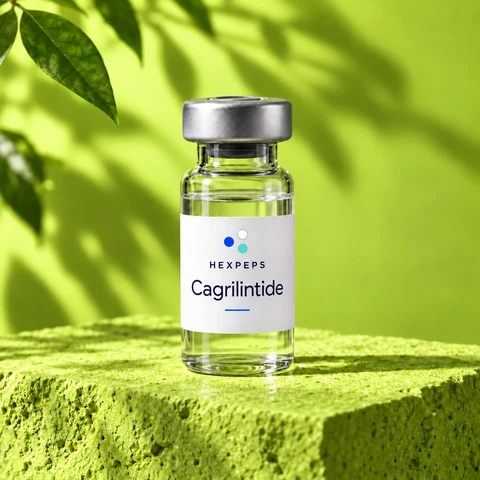 Vial ilustrativo Hexpeps etiquetado Cagrilintide