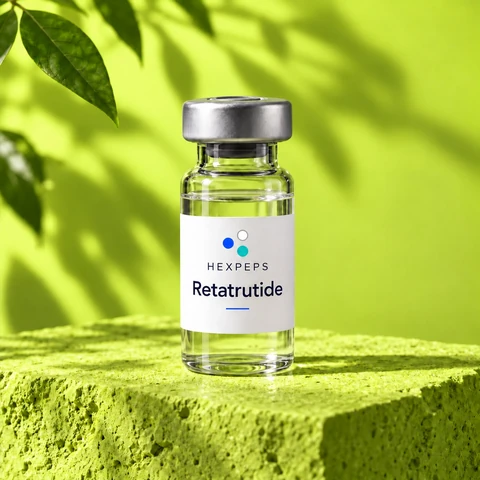 Vial ilustrativo Hexpeps etiquetado Retatrutide